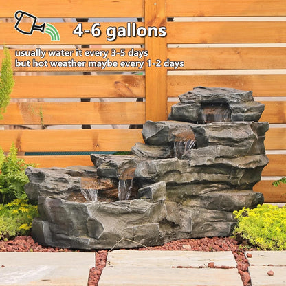 Outdoor Water Fountain Floor Standing Tiers Rock Natural Waterfall Outdoor Fountains with LED Lights for Garden, Patio, Porch