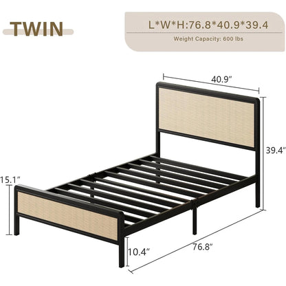4 EVER WINNER Queen Size Bed Frame, Rattan Bed Frame with Natural Rattan Headboard and Footboard, No Box Spring Needed, Black