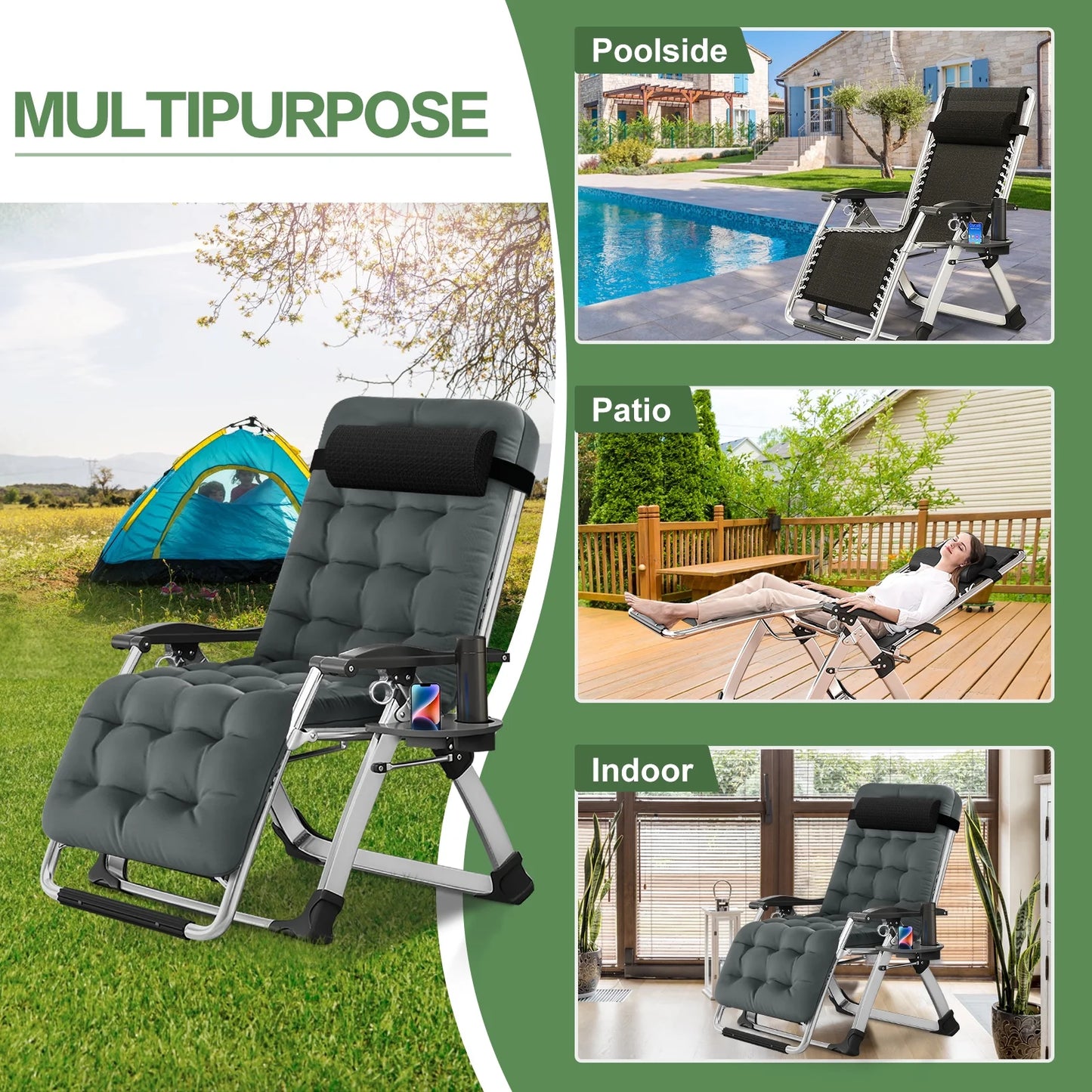 NAIZEA 2 Pack Zero Gravity Chair, Foldable Portable Lawn Recliner with Cushion, Headrest, Cup Holder, Black