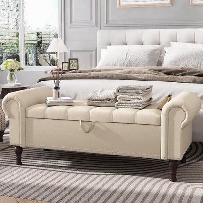 YOUDENOVA Storage Ottoman Bench for Bedroom 51" Queen Leather Storage Bench with Button, Upholstered Bedroom Bench with Rolled Arms for Living Room, Storage Room, Entryway, Gray