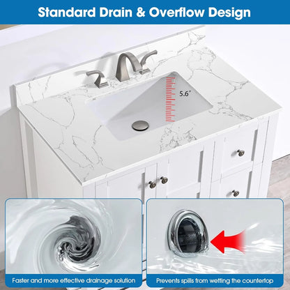 36x22 Engineered Stone Vanity Sink Top, White Bathroom Countertop with Undermount Left Sink, Vanity Top with 8 inch 3 Faucet Hole Spacing and Backsplash