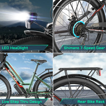 Gocio 26" Electric Bike for Adults, 500W Electric Cruiser Bike, 48V/7.8Ah Removable Battery, 7 Speed, City Commuting E-bike, UL2849