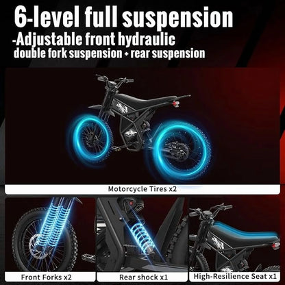 Riding'Times 2400W 48V Electric Dirt Bike for Adults Ridingtimes GT73,brushless Hub Motor,18.2AH*2 Electric BIKE with 25" tires digital screen Carbon Steel,BLACK