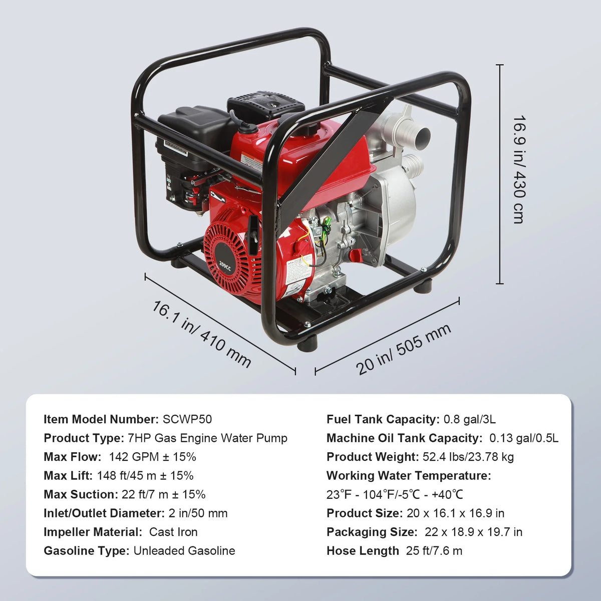 BENTISM 2" 7HP 4-Stroke Gasoline Engine Water Pump Gas Powered Water Transfer Pump