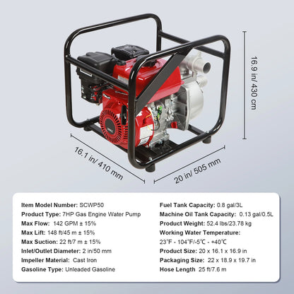 BENTISM 2" 7HP 4-Stroke Gasoline Engine Water Pump Gas Powered Water Transfer Pump