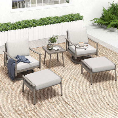 HAPPATIO Aluminum Outdoor Furniture Set - 5 Pieces Patio Furniture Set Includes 1 Side Table, 2 Swivel Chairs and 2 Ottomans with Thick Cushion, Patio Conversation Set for Backyard Poolside (Grey)