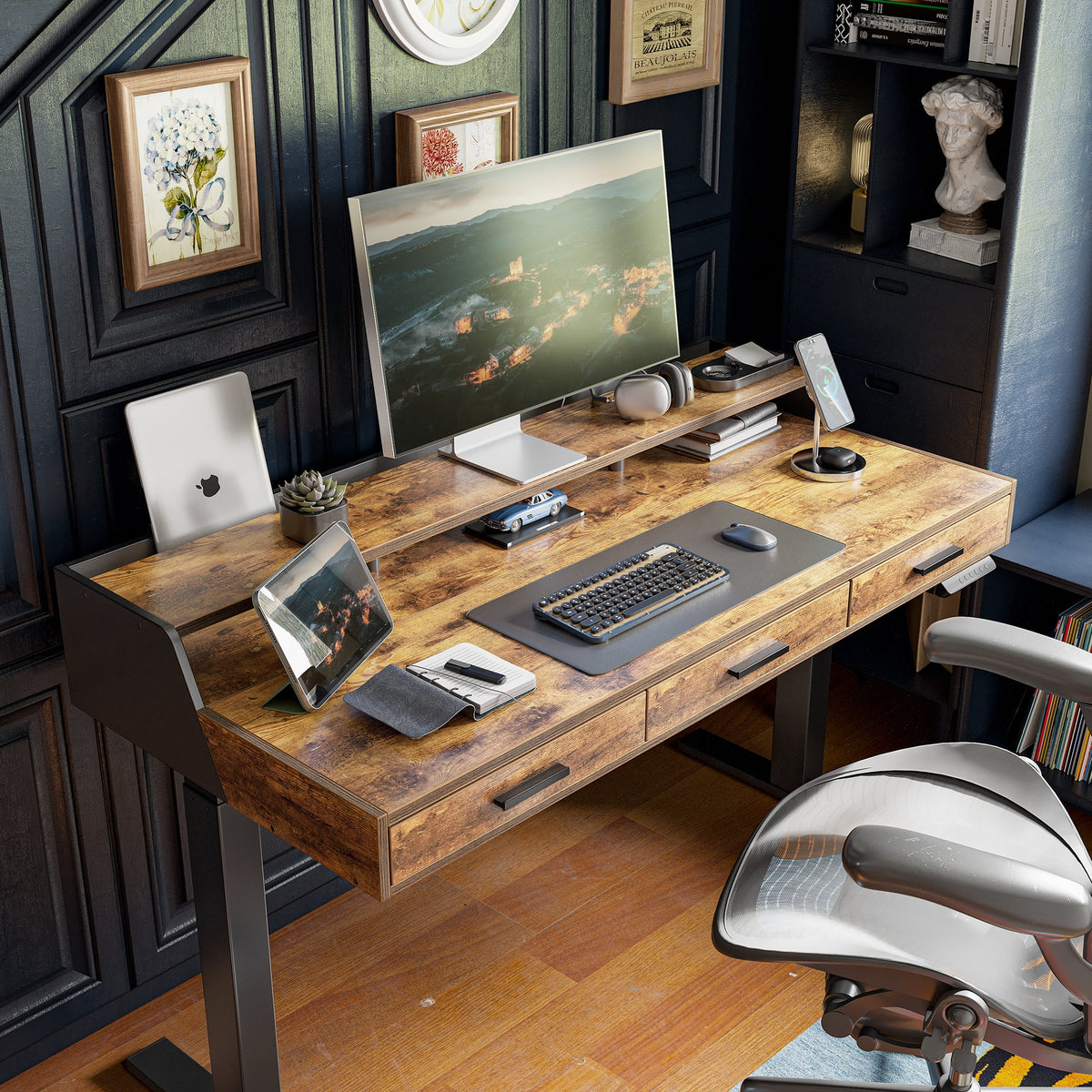 FEZIBO Electric Standing Desk with 3 Drawers & Monitor Shelves, 48 x 26 inches Sit Stand Home Office Desk, Rustic Brown