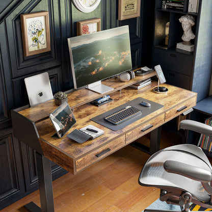 FEZIBO Electric Standing Desk with 3 Drawers & Monitor Shelves, 48 x 26 inches Sit Stand Home Office Desk, Rustic Brown