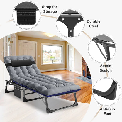 MOPHOTO Lounge Chair with Mattress, Outdoor Chaise Lounge Support 440 Lbs, Adjustable Portable Heavy Duty Sleeping Cots Bed for Camping, Pool, Beach, Patio