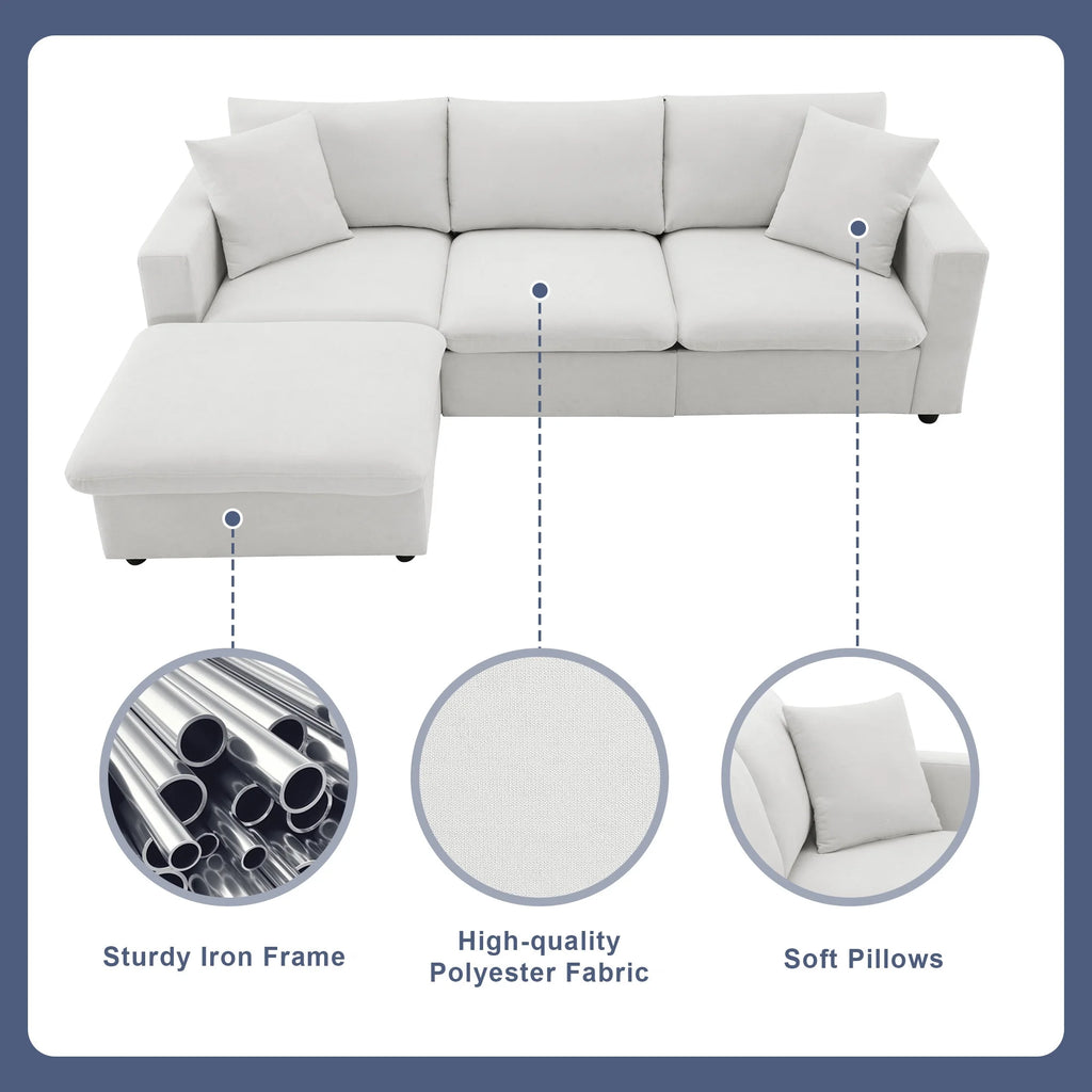 Harper & Bright Designs Modern Sectional Sofa 3 Seat Couch with Ottoman, Upholstered L Shaped Cloud Couch for Small Space Apartment Office, White