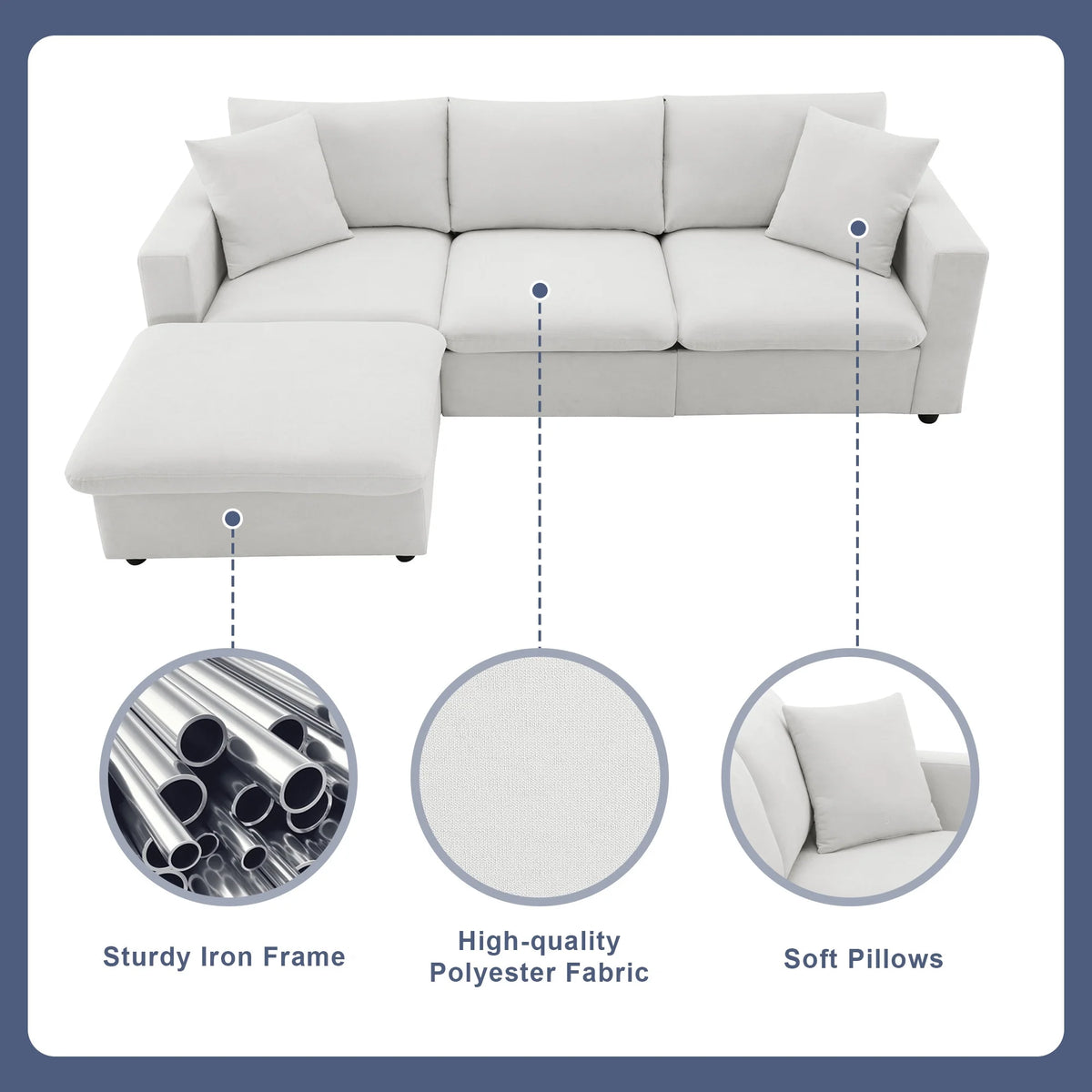 Harper & Bright Designs Modern Sectional Sofa 3 Seat Couch with Ottoman, Upholstered L Shaped Cloud Couch for Small Space Apartment Office, White