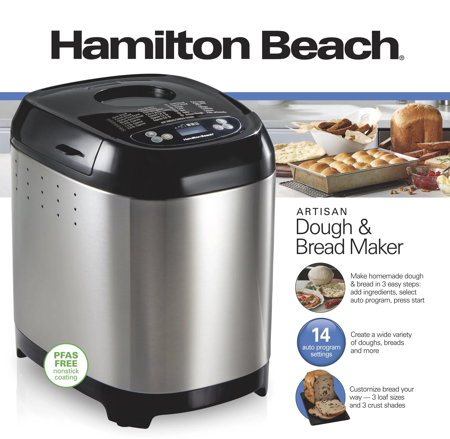 Hamilton Beach 2 lb Bread Maker Machine, Artisan Dough Bread Maker with 14 Settings, Black & Stainless Steel