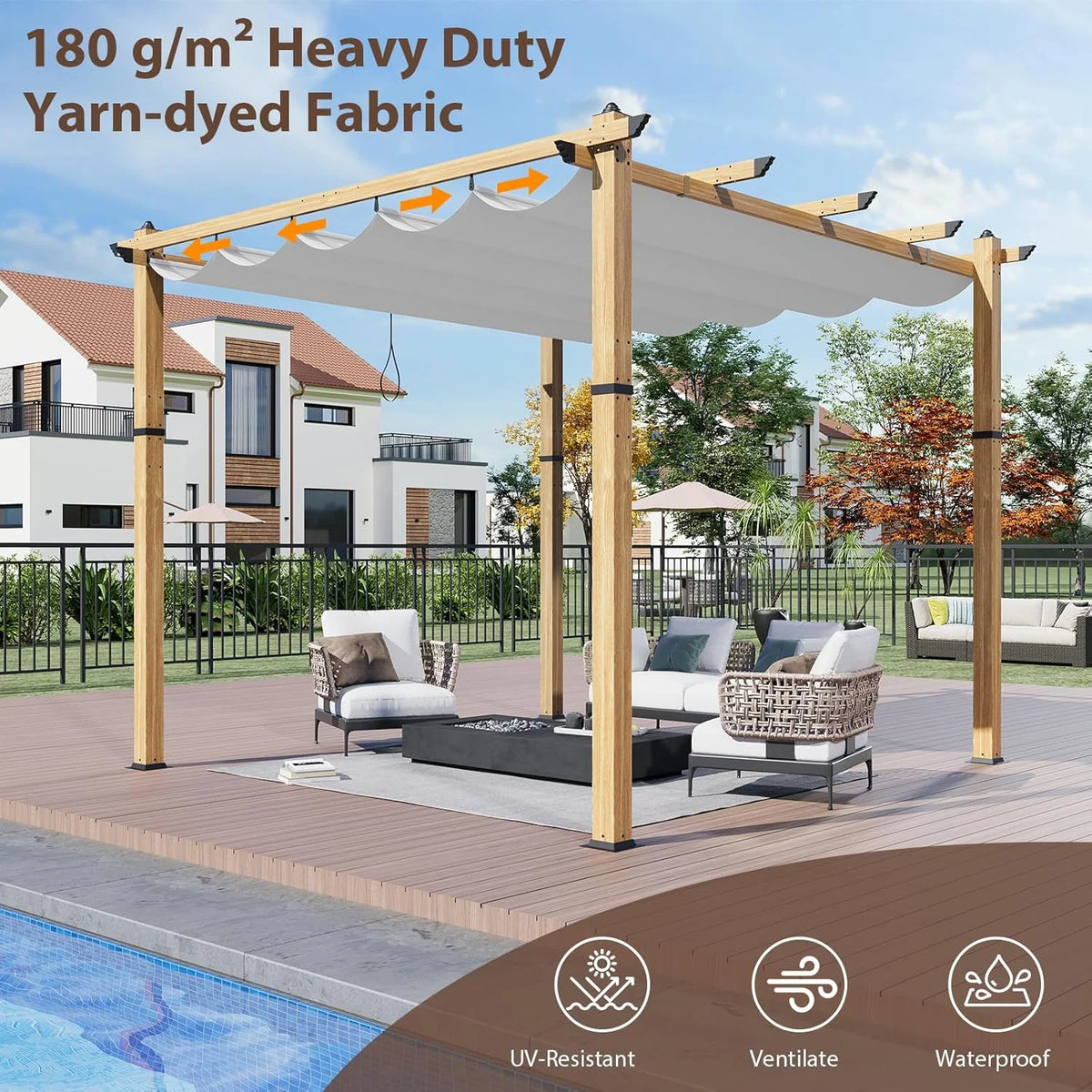 Outdoor Aluminum Pergola with Retractable Canopy, Reinforced 4-Sided Base, Waterproof & UV-Resistant Adjustable Roof, Modern Design for Patio, Deck, Backyard, and Garden