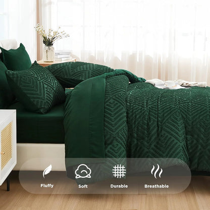 Queen Comforter Set 7 Piece Dark Emerald Green - Bed in a Bag Queen Boho Lightweight Fluffy Tufted Bedding Sets with Comforter, Sheets, Pillowcases & Shams