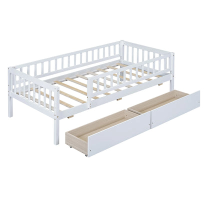 Holaki Twin Size Wood Bed with Guardrails and 2 Storage Drawers for Kids, Gray