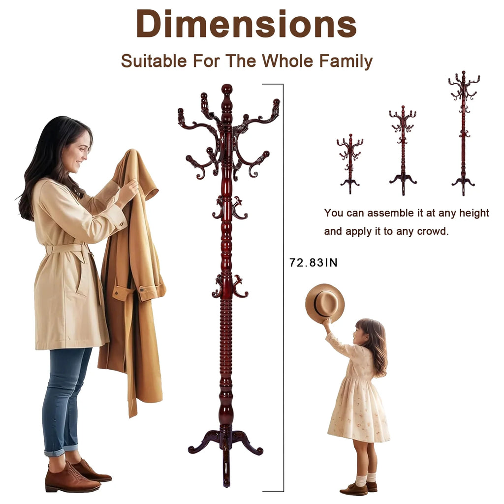 Coat Rack Freestanding, Hall Tree with 11 Hooks, Heavy Duty Wooden Coat Tree Stand, Adjustable Height, Sturdy Base for Bedroom Hallway Office - Load 270lbs