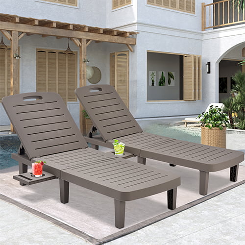 Patio Lounge Chair Set of 2, Adjustable Chaise with Side Table, Outdoor Lounger Recliner for Poolside, Patio, Backyard, Wood Texture Design | Waterproof | Easy to Assemble | Max Weight 330 lbs White