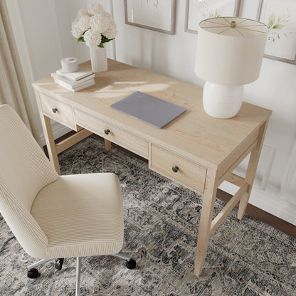 Martha Stewart Home Office Writing Desk with Tapered Legs in Light Natural with Antique Bronze Hardware