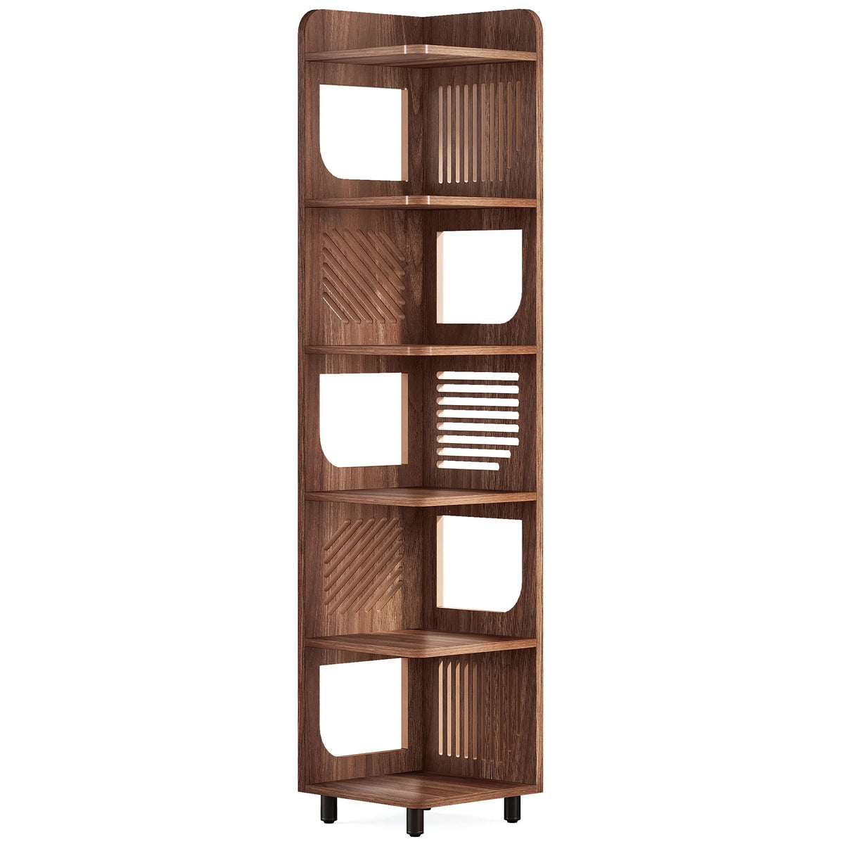Fnova 71" 6-Tier Tall Corner Bookshelf, Rustic Wooden Narrow Corner Bookcase with Artistic Square Rack, Freestanding Display Storage Shelf for Space-Saving Home Organizing
