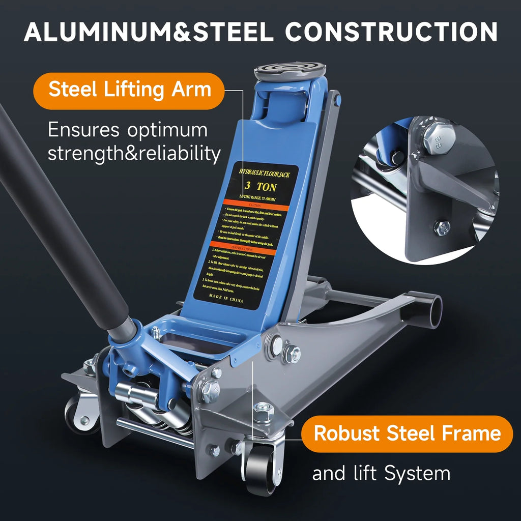 3 Ton Heavy Duty Floor Jack, Fast Lift & Stable Support, Carbon Steel Automotive Jack with Wheels, Max Lift 18.15" for Car and Truck Repair, Blue