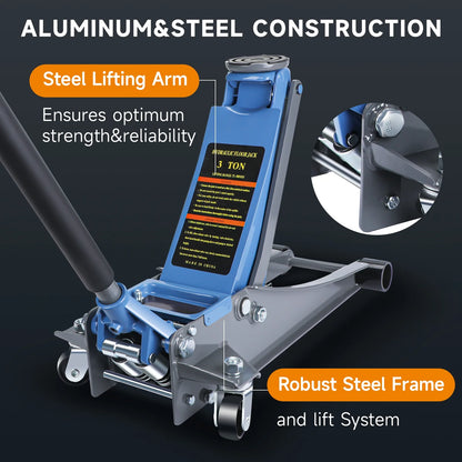 3 Ton Heavy Duty Floor Jack, Fast Lift & Stable Support, Carbon Steel Automotive Jack with Wheels, Max Lift 18.15" for Car and Truck Repair, Blue