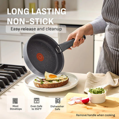 T-fal Ingenio Essentials Nonstick, 11 Piece Cookware Set, Detachable Handle, Oven, Broiler, Dishwasher Safe, RV, Grey Granite