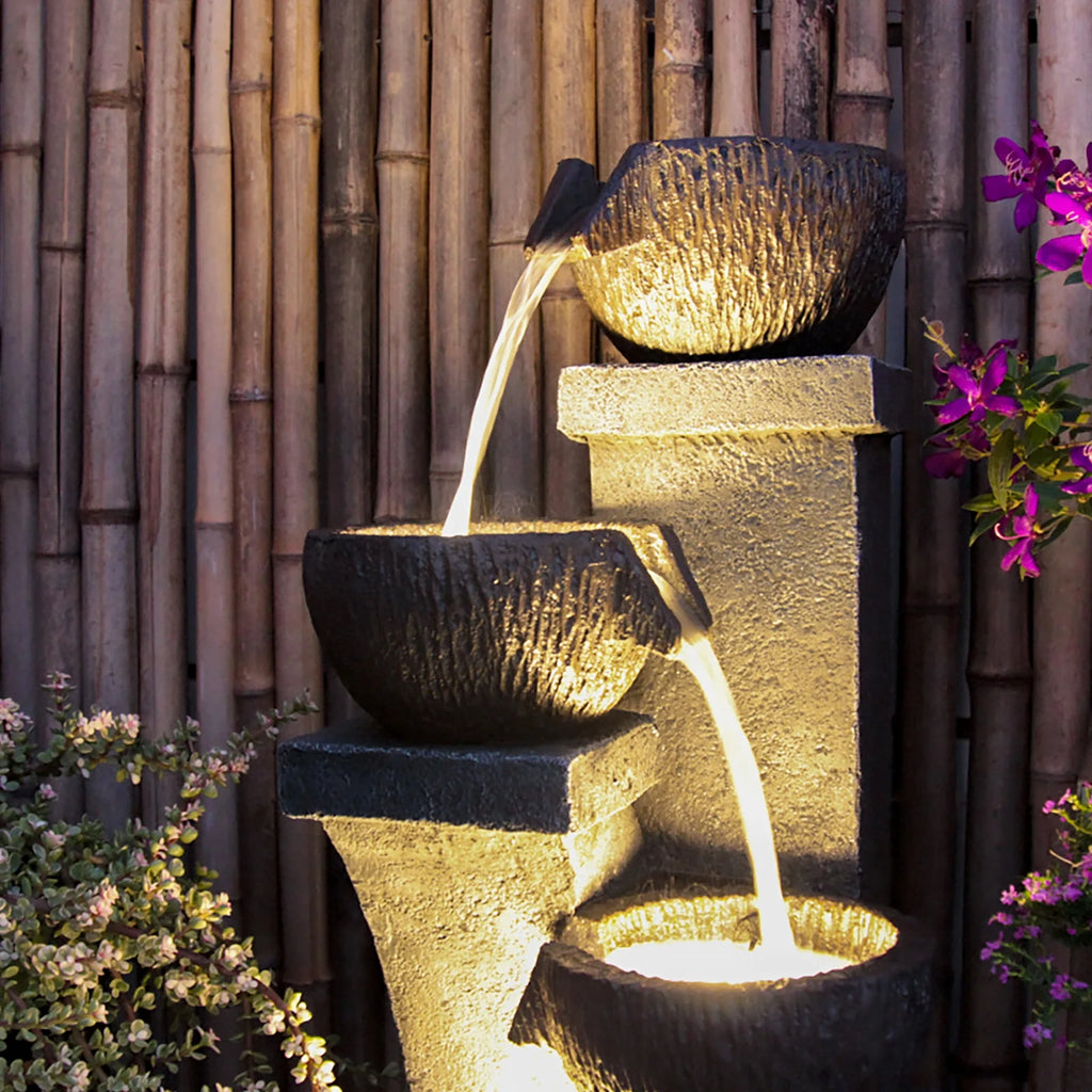 37.4��H Outdoor Water Fountain with 4 Crocks, Modern LED Lighted Garden Floor Fountain for Patios and Yards �C Durable Resin Water Feature with Cascading Waterfall Design for Indoor/Outdoor D��cor