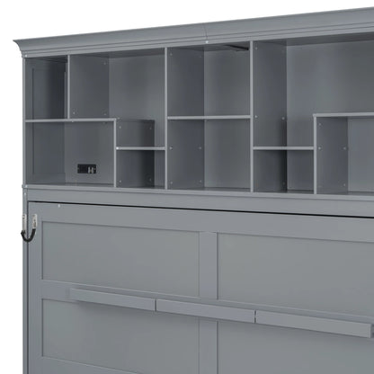 Queen Size Murphy Bed Wall Bed with Top Shelves & USB Charging, Space-Saving Cabinet Bed with Flexible Slats, Gray Modern Foldable Bed