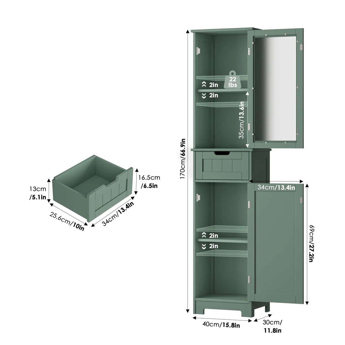 Homfa Bathroom Storage Tower, Narrow Linen Cabinet with Door and Drawers, Tall Bathroom Storage Cabinet for Small Spaces, White