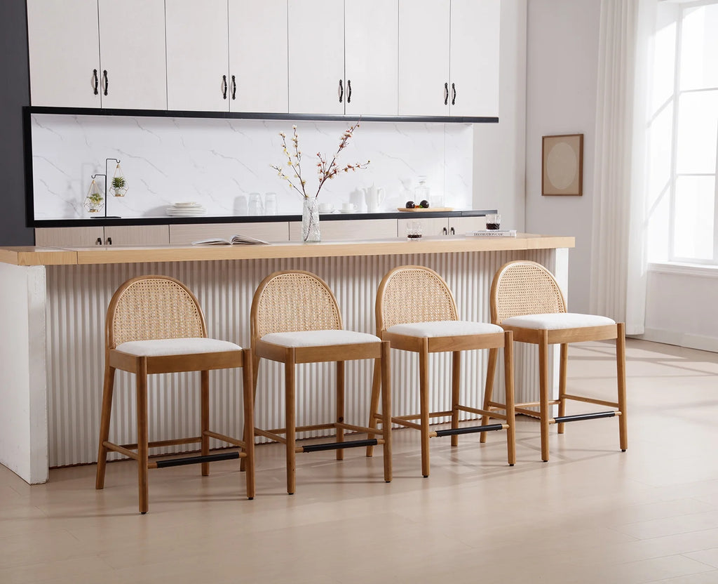 Guyou Modern Bar Stools Set of 2, 26" Counter Height Bar Stools with Natural Rattan Back and Solid Wood Frame, Sherpa Upholstered Kitchen Island Chairs for Bar Island Cafe Kitchen, Black