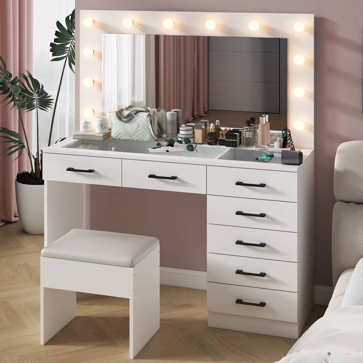 Ktaxon Large Makeup Vanity, Vanity Table Set w/ Visible Glass Top w/ Charging Station, White