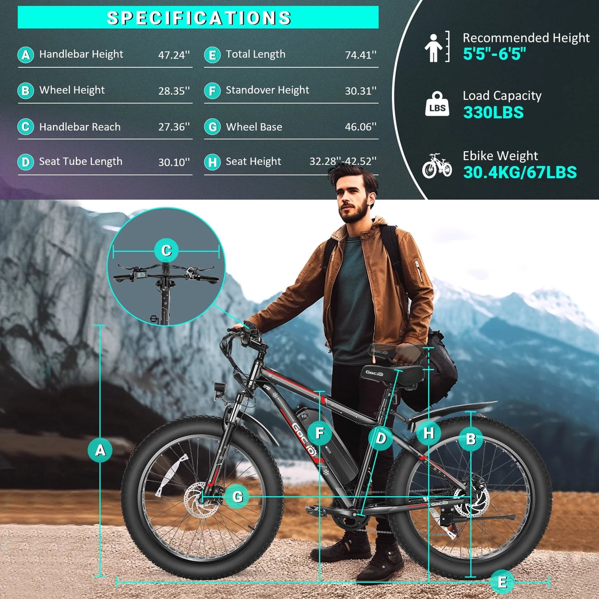 Gocio 26" 4.0 Fat Tire Electric Bike for Adults, 500W Motor, 48V 13Ah Battery, Lightweight Aluminum Alloy Frame, Max 22Mph Electric Mountain Bike Beach Snow Ebike for Men, Professional 7-Speed UL2849