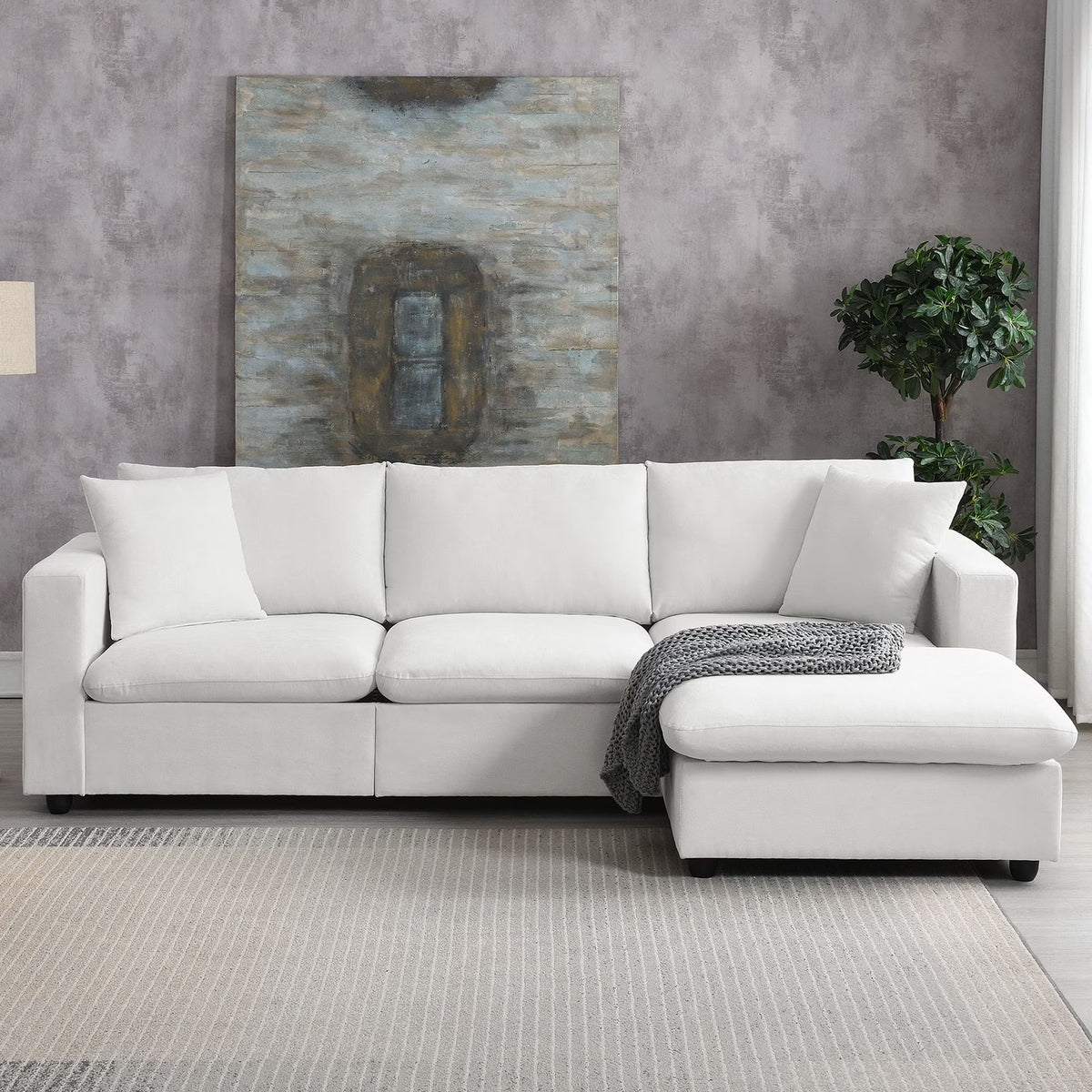 Harper & Bright Designs Modern Sectional Sofa 3 Seat Couch with Ottoman, Upholstered L Shaped Cloud Couch for Small Space Apartment Office, White