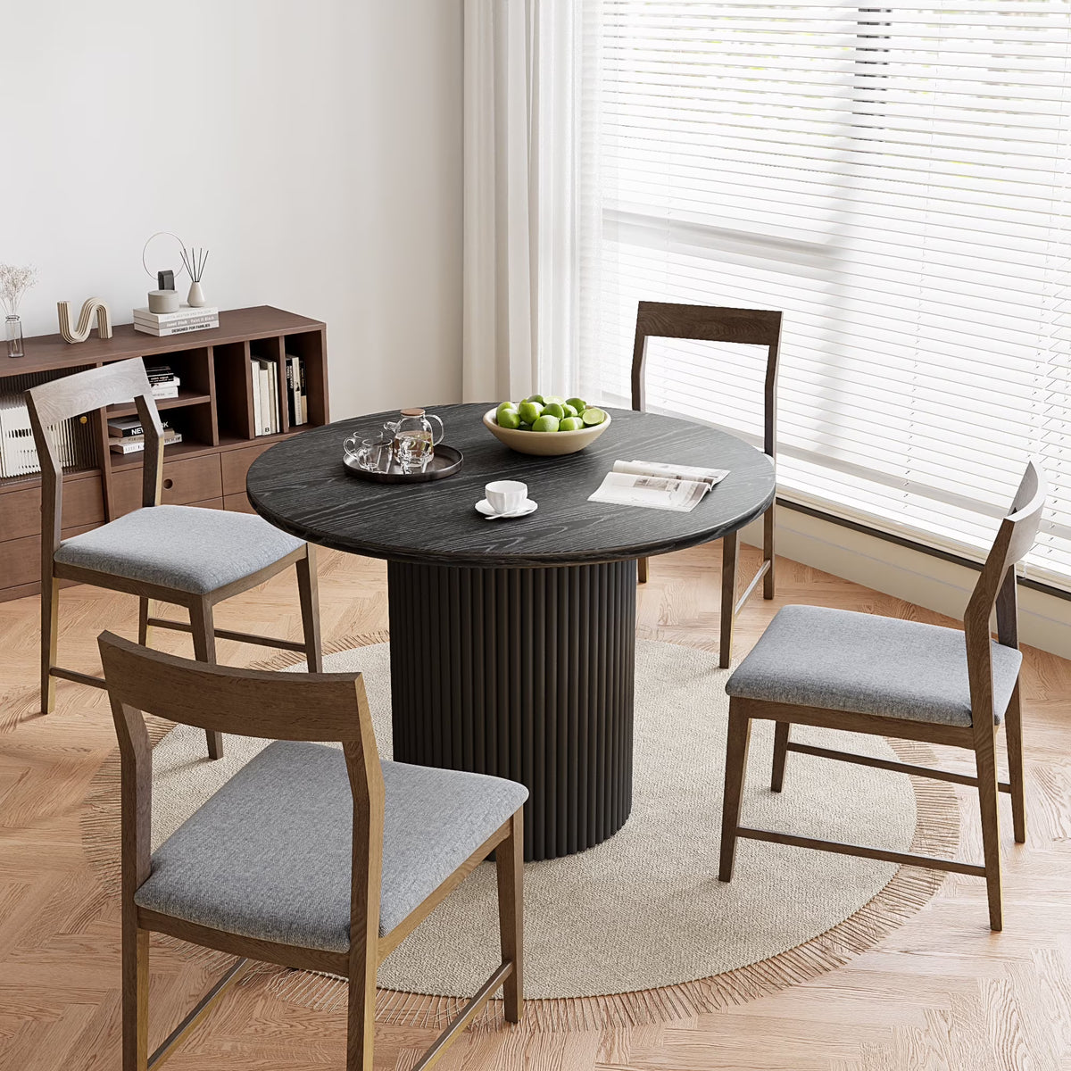 Rophefx 35.4" Solid Wood Round Dining Table with Handcrafted Relief Pedestal,Circle Dining Table,Walnut