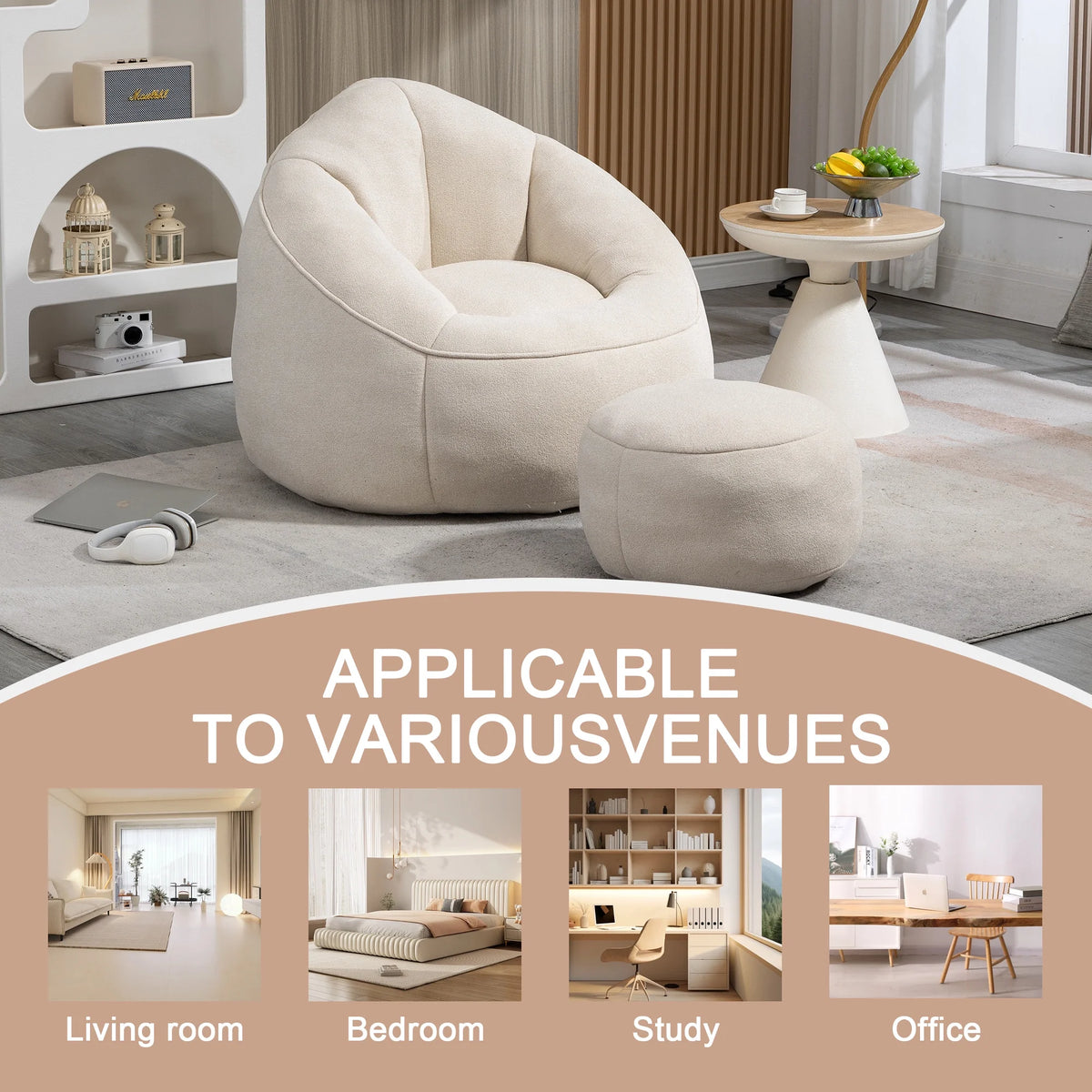 MOONMISS Microfiber Upholstered High Pressure Foam Round Lazy Bean Bag Sofa Chair with Ottoman-Gray