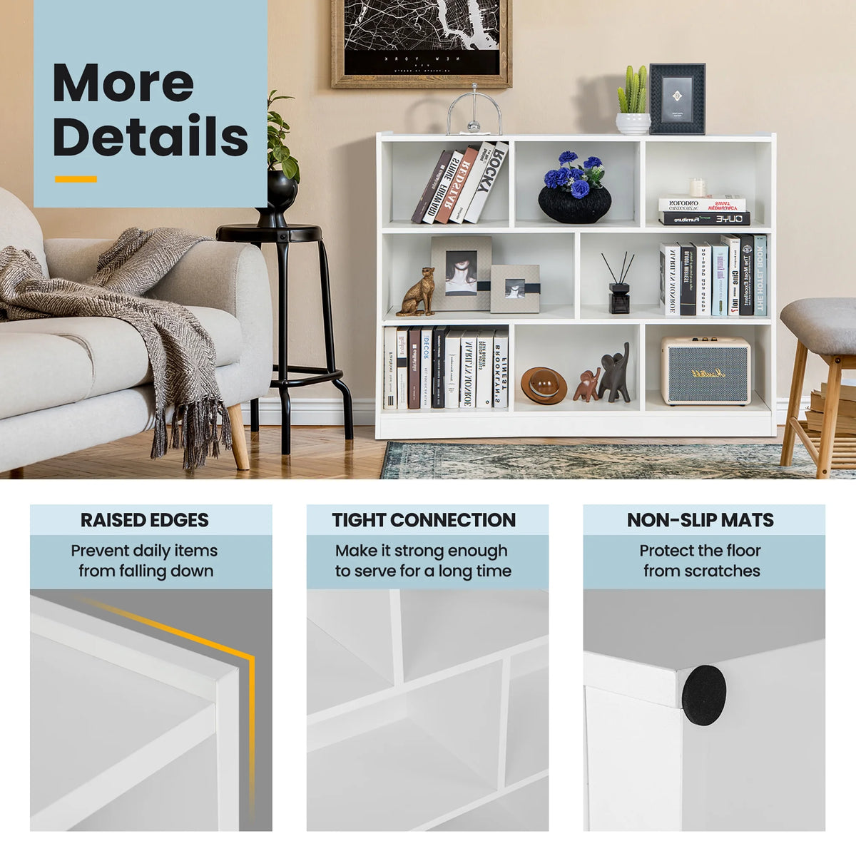 Costway 3-tier Open Bookcase 8-Cube Floor Standing Storage Shelves Display Cabinet White