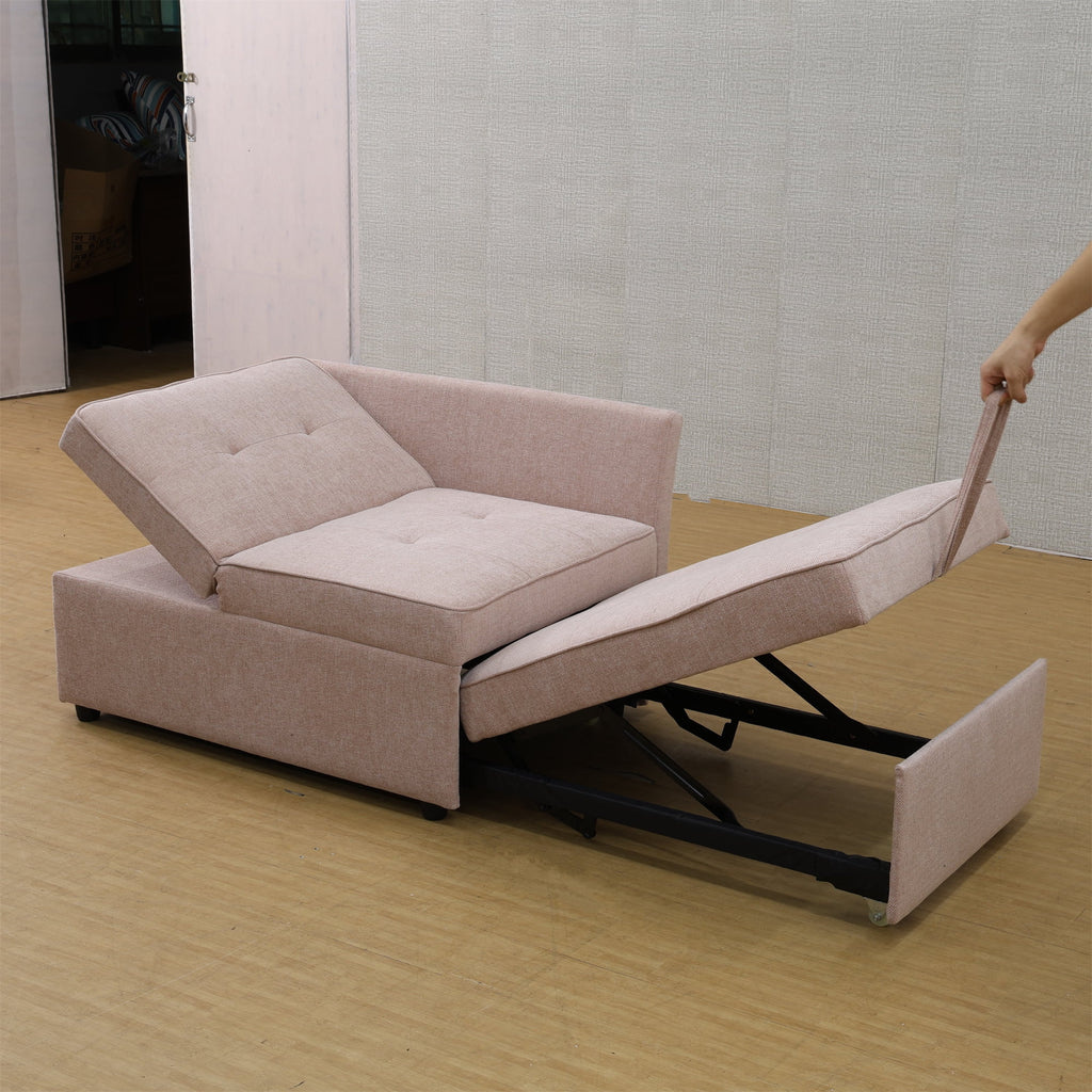 Aukfa 71" Convertible Chaise Futon Pull Out Sofa Chair Bed, Adjustable Backrest, 2 Pillows, Linen, Pink