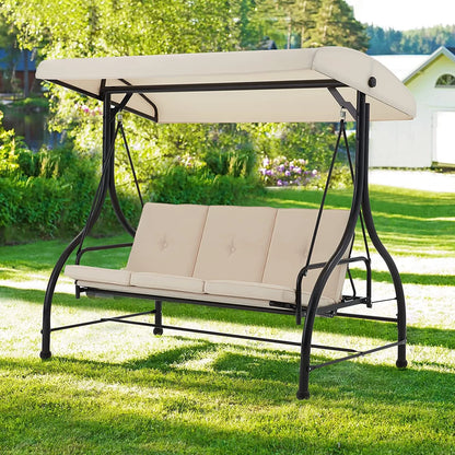AECOJOY 3 Person Canopy Steel Porch Swing, Converting Swing Glider Hammock-Beige