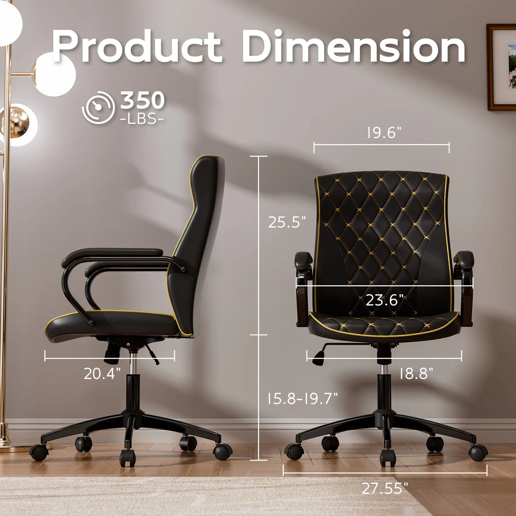 Ninecer White and Gold Office Chair with Soft Leather Embroidery, Mid Back Vintage Swivel Executive Desk Chair with Wheels and Padded Arms, Adjustable Height