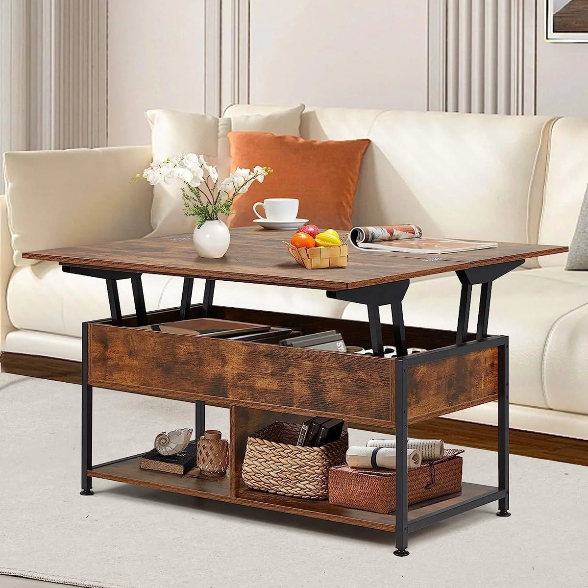 MONVANE 40" Lift Top Coffee Table with Storage for Living Room, Rustic Brown