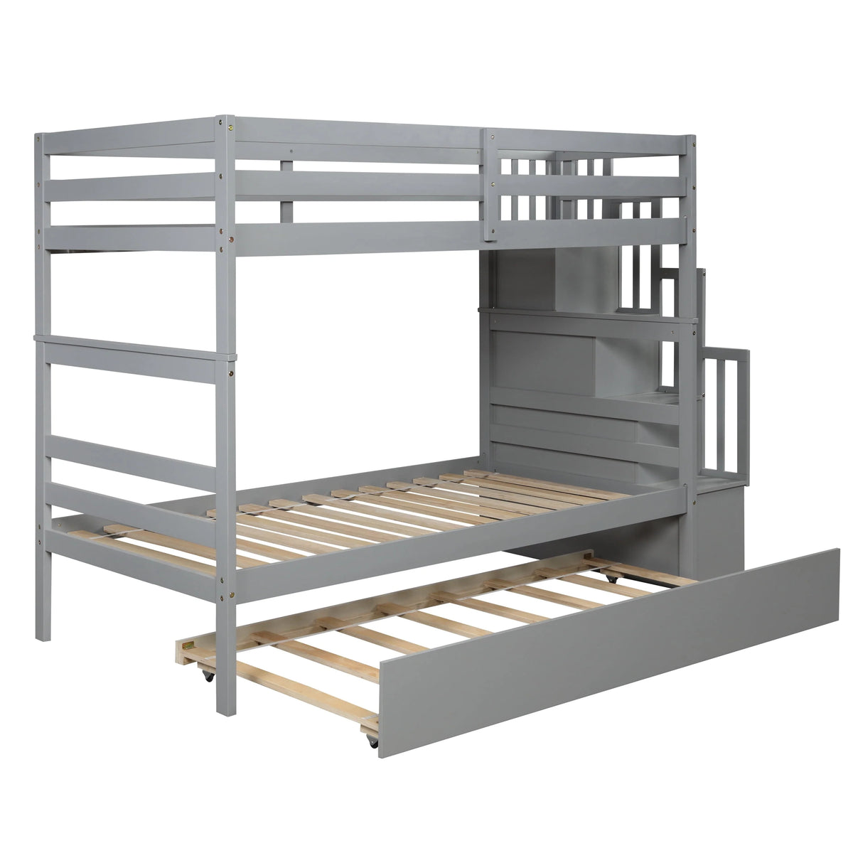 Bellemave Twin over Twin Stairway Bunk Bed with Trundle Wooden Bunk Bed Frame with Guardrails and Staircase, Twin Size Bunk Bed with Storage Stairs for Kids, Teens, Gray