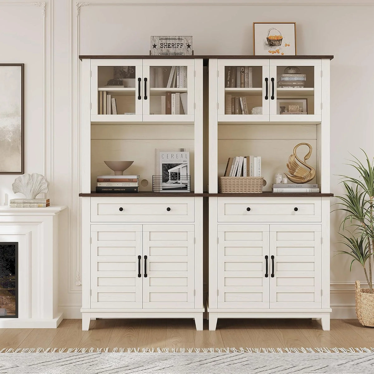 72" White Farmhouse Coffee Bar Cabinet with Storage Drawers & Glass Doors - Kitchen Storage Buffet for Dining Room, Beverage Organizer