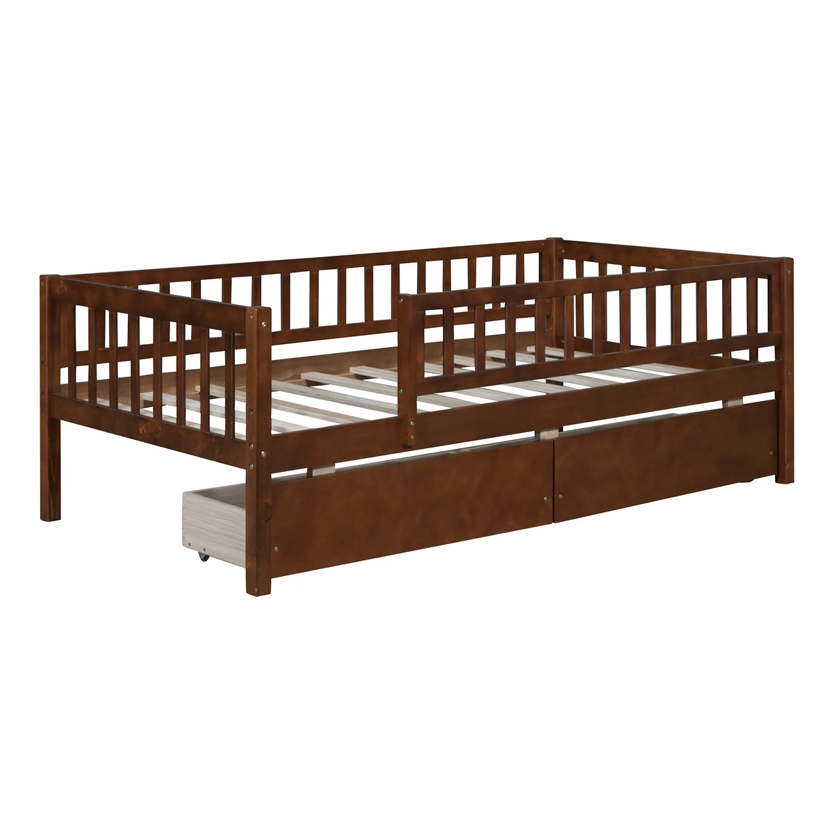 Holaki Twin Size Wood Bed with Guardrails and 2 Storage Drawers for Kids, Gray