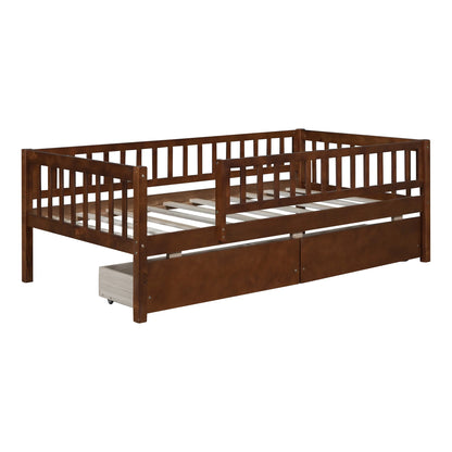 Holaki Twin Size Wood Bed with Guardrails and 2 Storage Drawers for Kids, Gray