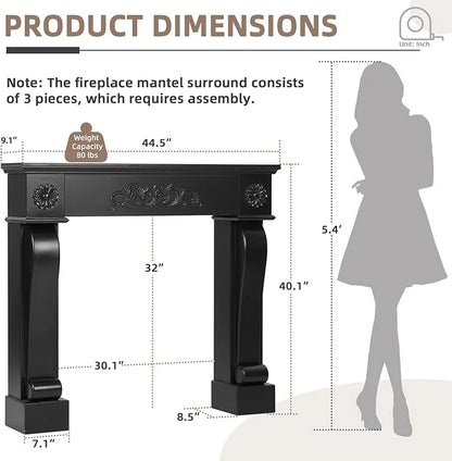 EPICOZY 44.5" Fireplace Mantel, Freestanding Fireplace Surround with Leg for Electric Fireplaces, MDF Mantel Surround with Shelf for Living Room with Decorative Pattern, Anti-Tipping & Waterproof