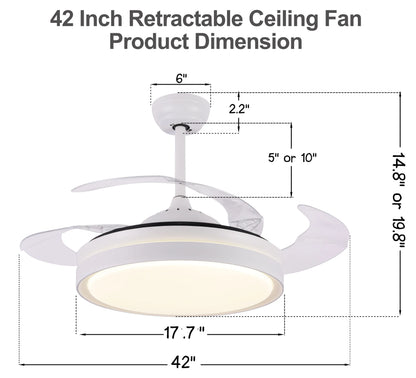 42" Retractable LED Ceiling Fan with Remote Control and Light Kit Included