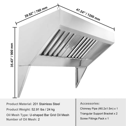 KFFKFF 4FT Commercial Exhaust Hood, Stainless Steel Exhaust Hood with 2 Removable U-shaped Grease Filters for Commercial Use, Suitable for Food Trucks and Concession Trailers, Restaurant Kitchens