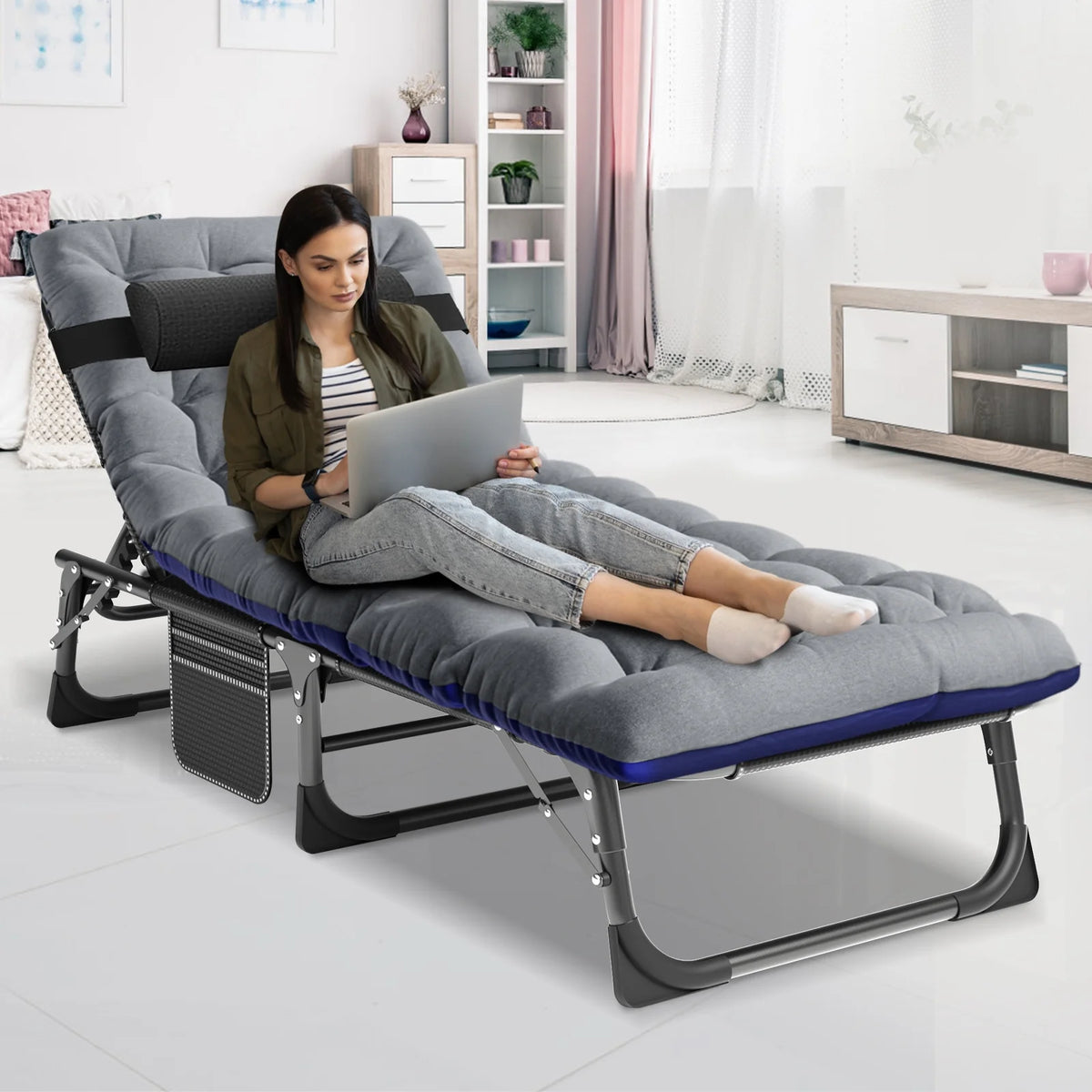 MOPHOTO Lounge Chair with Mattress, Outdoor Chaise Lounge Support 440 Lbs, Adjustable Portable Heavy Duty Sleeping Cots Bed for Camping, Pool, Beach, Patio