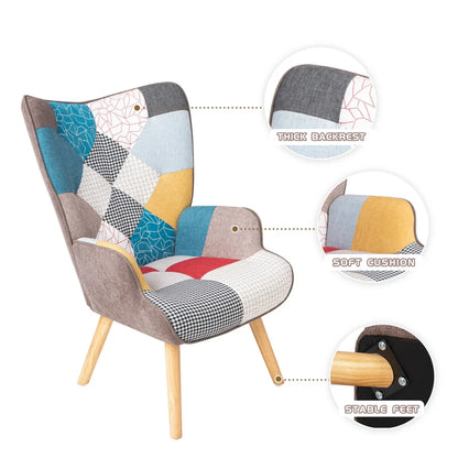 Modern Accent Chair with Solid Wood Legs and High Wing Backrest, Side Chair Set with Ottoman, Comfy Side Armchair for Living Room, Reading Room, Bedroom, Colorful Patchwork