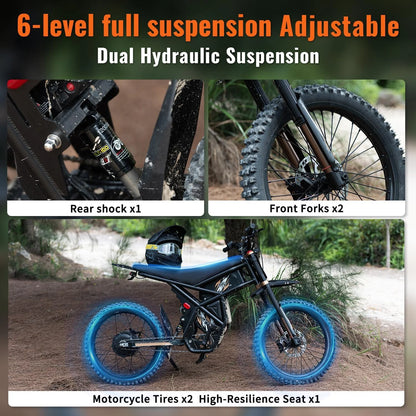 2000W Electric Dirt Bike for Adults Ridingtimes GT73 UL2849,Brushless Hub Motor,18.2AH*2 Electric Bike with 25\" tires digital screen Carbon Steel,Black